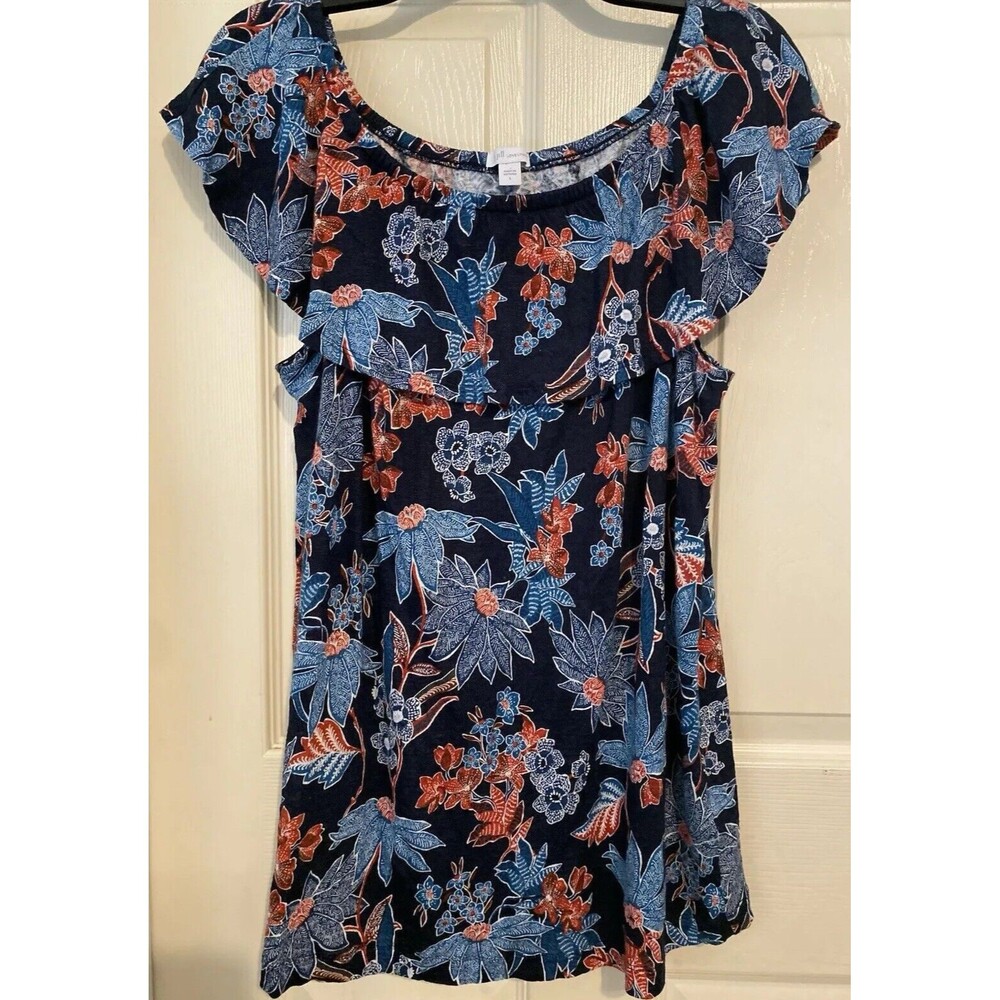 J Jill Love Linen Shirt Floral Top Sarasa Tropical Ruffles Sleeveless Blouse L